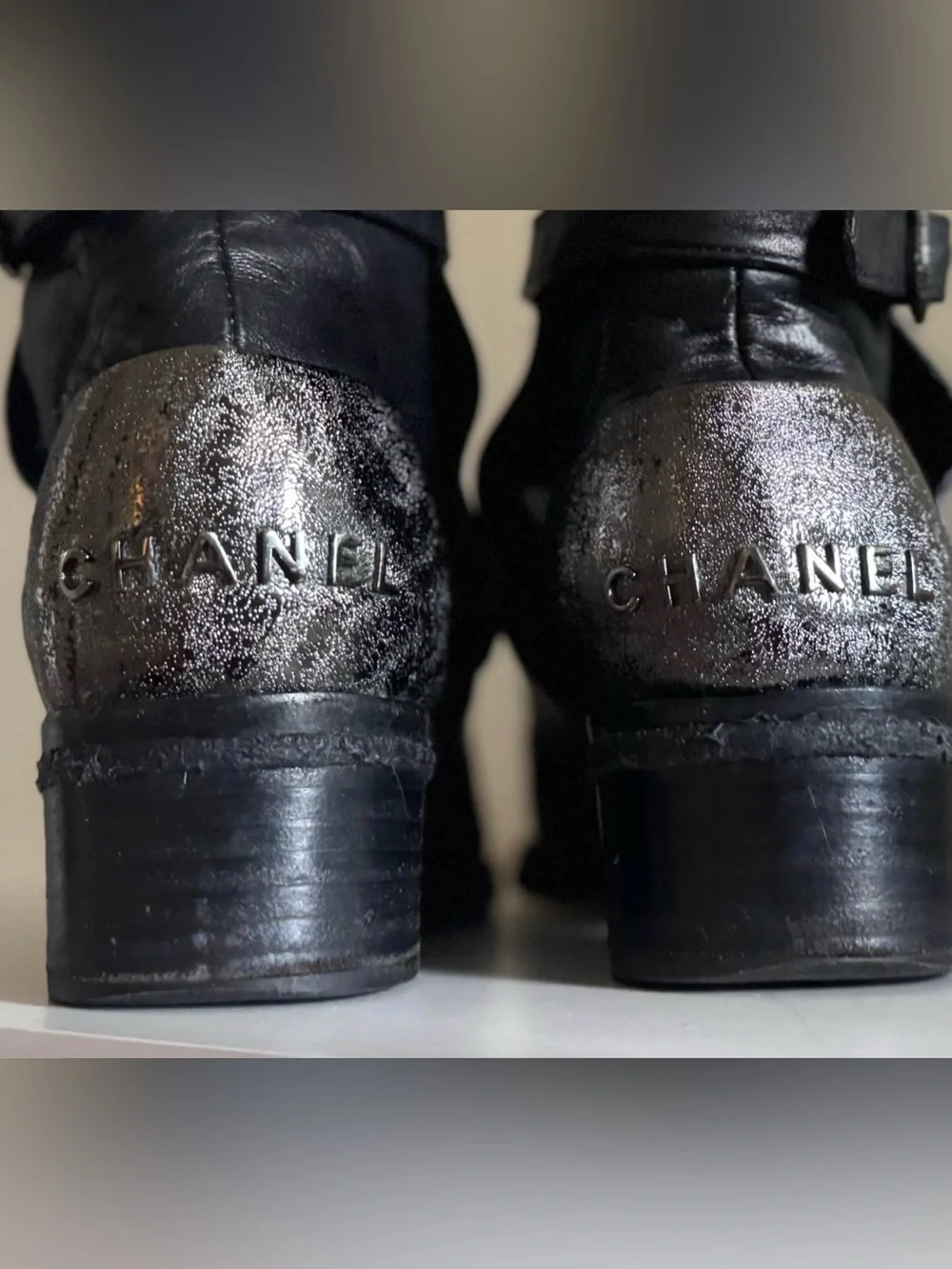 CHANEL Black Leather Moto Boots size 36.5, Silver Heel Logo Accent **Authentic**